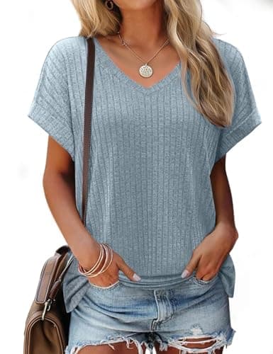 JUSTFASHIONNOW Summer Shirts for Women 2026 Short Sleeve V Neck Tops Trendy Basic Tees Summer Dressy Casual Vacation Outfits Blue L - Image 1