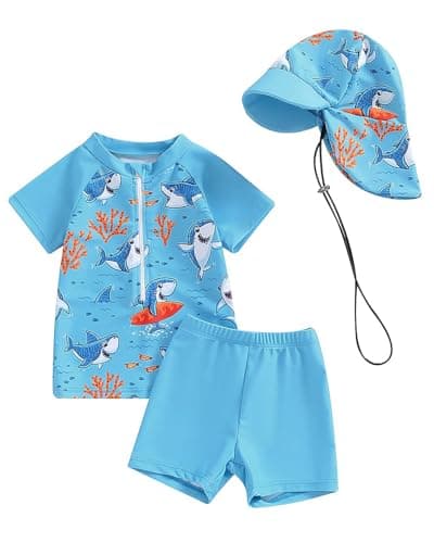 JiAmy Toddler Baby Boys Rash Guard Set with Swim Trunks for Kids 3PCS Short Sleeve Rashguard Swim Set Sunsuits Bathing Suits Blue 0-6 Months - Image 1