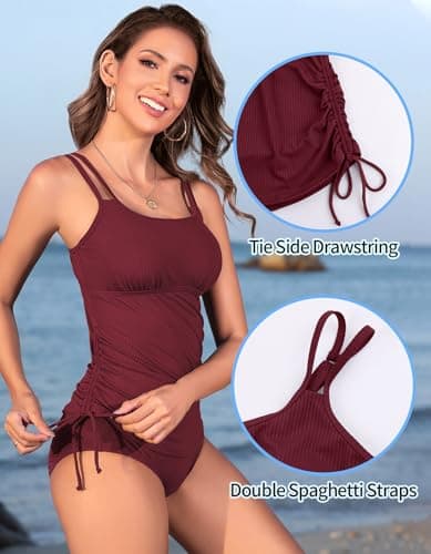 ANFILIA Womens Tummy Control Two Piece Tankini Swimsuits Tie-Side Drawstrings Tankini Set Push up Swimwear Bathing Suits Wine Red - Thumbnail 2