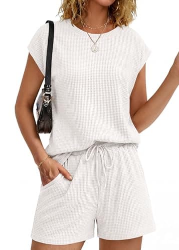 KIRUNDO Waffle Knit Short Sets For Women 2026 Summer Two Piece Cap Sleeve Lounge Set Matching Drawstring Vacation Outfits(White, Medium)