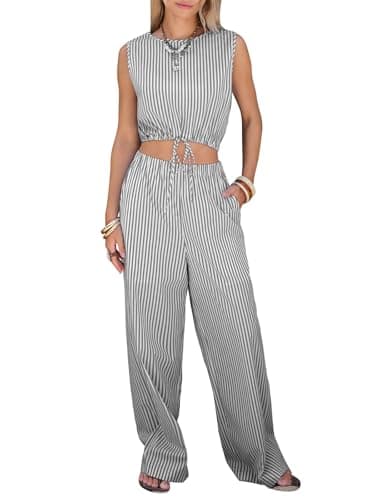 EXLURA Womens 100% Cotton 2 Piece Outfits Stripe Drawstring Crop Tank Tops Wide Leg Pant Sets Faux Linen Summer Cruise Beach - Image 1