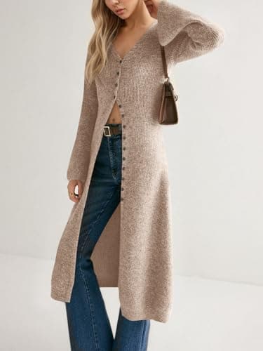 Saodimallsu Womens Long Cardigan Sweaters Oversized Bell Sleeve Open Front Button Down Casual Knit Fall Midi Dress Khaki - Thumbnail 4