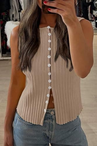 Tankaneo Womens Button Down Cropped Going Out Tank Tops Spring Summer Ribbed Vest Top Slim Fit Sexy Y2K Cute Shirts Light Khaki - Thumbnail 4