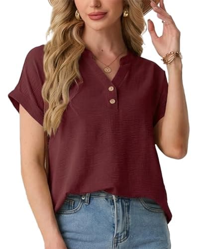 HiMONE Women’s V Neck T Shirts Casual Short Sleeve Tunic Tops Loose Fit Button Front Textured Blouse Summer Lightweight Shirts - Image 1