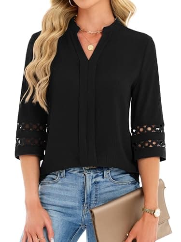 Funlingo 3/4 Length Sleeve Womens Tops Bussiness Casual Dressy Blouses Trendy V Neck Lace Pleated Work Shirts Spring Office Outfits 2026 Black M - Image 1