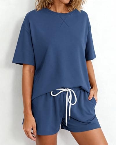 Zenlonr Women's Two Piece Lounge Sets 2026 Summer Casual Oversized Shirts Shorts Matching Airport Travel Outfit(Blue,Medium) - Thumbnail 5