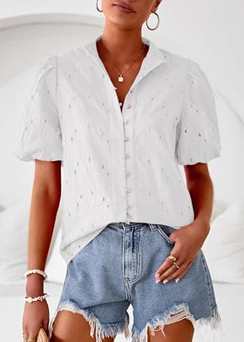 Lazysmile Summer Boho Tops for Women Short Sleeve V Neck Button Down Hollow Out Lace Embroidered Blouses Shirts White - Thumbnail 3