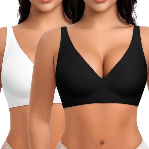 Ganado Deep V Wireless Bras for Women No Underwire Push Up Seamless Padded Comfort Bra Supportive Wirefree Bralette (Black+White, Medium) - Image 1