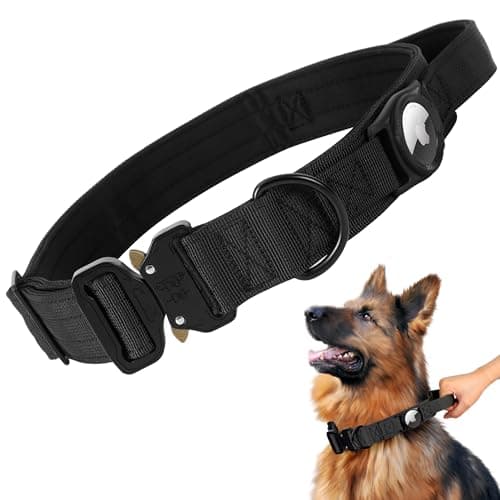 Jumpress Heavy Duty Tactical Dog Collar with Airtag Holder, 1.5’’ Wide Large Dog Collar with Comfortable Handle, Durable Airtag Dog Collar for Large Dogs (Black,Neck 20-24’’)
