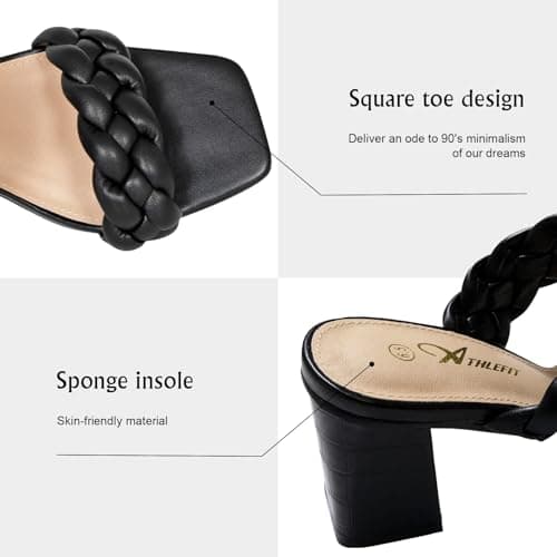 Athlefit Women's Braided Heeled Sandals Summer Square Open Toe Slip on Block Black Heels Size 11 - Thumbnail 5