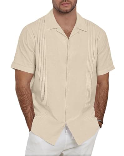 Guayabera Shirts for Men Linen Button Down Short Sleeves Shirt Casual Summer Cuban Vacation Beach Tops - Image 1