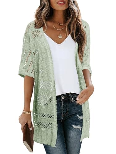 KISSMODA Summer Crochet Cream Cardigan for Women Pale Green Boho Kimonos Short Sleeve Hollow Out Open Front Lightweight Cardigans for Greenhouse Visits XXL - Thumbnail 4