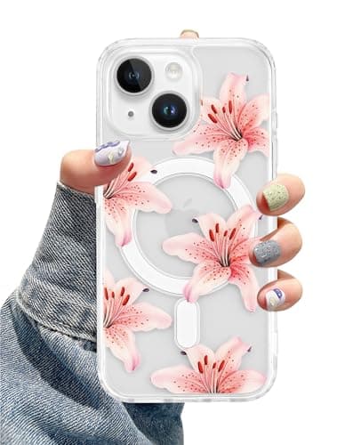 Aitipy Lily Phone Case for iPhone 15, Compatible with MagSafe, Cute Clear TPU Slim Shockproof Protective Phone Cover for Women Girls, Pink Lily