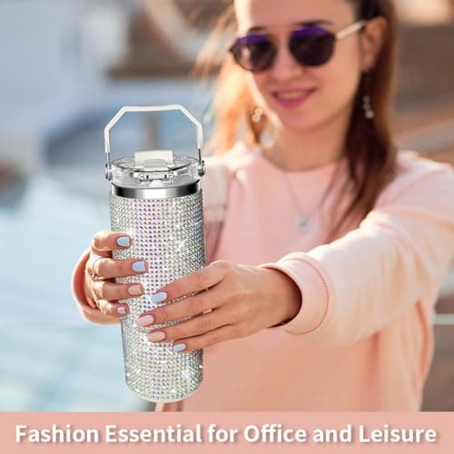 Bling Rhinestone Studded Tumbler with Top Handle, Bling Cups Stainless Steel Water Bottle Diamond Glitter Tumbler for Women - Birthday Gifts for Women, Mom,Get Well Soon Gifts (Northern light) - Thumbnail 6