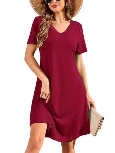 DEARCASE Women's T-Shirt Dress Wine Red Medium V-Neck Spring Summer Casual Loose Short Sleeve Fall Wedding Guest Knee Length Jersey Flowy Stretch Solid A-Line Tunic Swing Sweater Tunic Dresses - Image 1