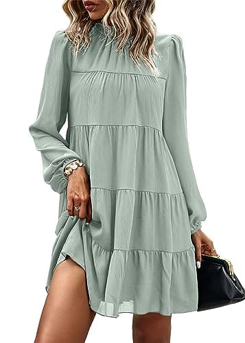 KIRUNDO Long Sleeve Baby Doll Dresses Women 2026 Casual Spring Summer Ruffle Mock Neck Tiered Mini Flowy Swing Shift Dress(Light Green, X-Large) - Image 1