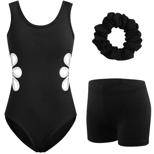 HOZIY Girls Gymnastics Outfit Suze 9-10 Years 3 Piece Sleeveless Tumbling with Shorts Black Floral Cutout Unitards Biketards Leotards Clothes - Image 1