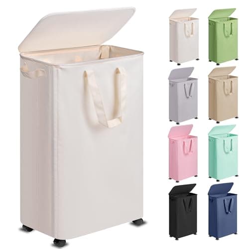 Vincona Slim Laundry Hamper with Lid and Wheels, Small Rolling Laundry Basket with Handle for Small Spaces, Tall Dirty Clothes Hampers for Dorm, Bathroom and Bedroom, 75L, Beige - Image 1