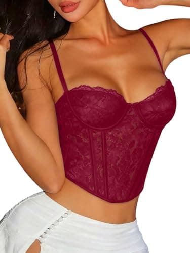Benfoly Corset Tops for Women Sexy Mesh Sheer Lace Bustier Corset Top with Underwired Going Out Party Club Crop Cami Tops Burgundy M - Image 1