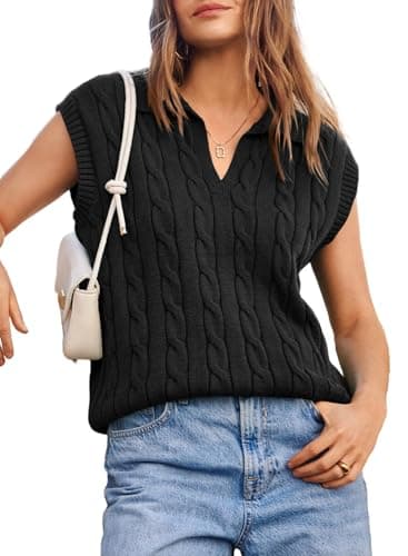 Dokotoo Womens Vest V Neck Lapel Collar Cable Knit Vest for Women Sleeveless Sweater Vest Knit Fashion Tops for Women Trendy Black XX Large - Image 1