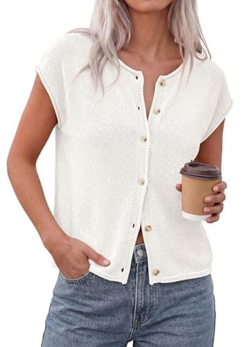 PRETTYGARDEN Womens Cap Short Sleeve Sweater Vest 2026 Spring Summer Lightweight Button Down Cardigans Trendy Loose Tops (White,Medium) - Image 1