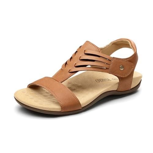 Rihero Women's Orthopedic Arch Support Sandals Orthotic Comfortable Brown Flat Sandals for Summer Beach Walking Caramel Size 6 - Image 1