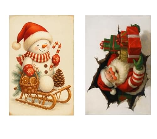 This two-piece vintage Santa and snowman holiday decoration tin plaque set measures 12 x 8 inches. Suitable for indoor and outdoor use, it makes a great winter decoration and gift. Perfect for display in your home, bathroom, garage, or patio. - Image 1