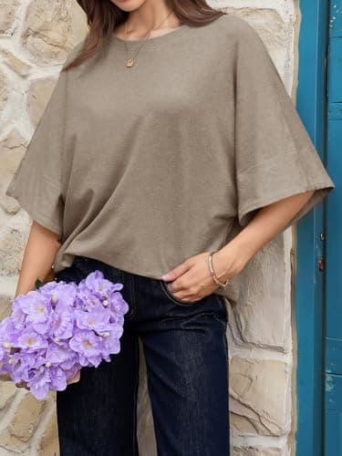 Cicy Bell Womens Oversized Half Sleeve T-Shirts Summer Casual Crew Neck Tshirt Loose Fit Side Slit Tee Tops Khaki - Thumbnail 5