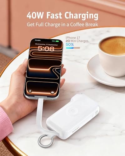 RORRY Flow Portable Charger, 10000mAh 40W Fast Charging Power Bank with Built-in USB C Cable and Foldable Wall Plug, Battery Pack Travel Essentials for iPhone 17/16/15, Apple Watch, iPad, MacBook - Thumbnail 4