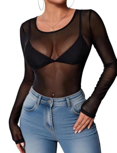 Avidlove Black Mesh Top Women Sheer Blouses for Women Mesh Undershirt Women T Shirt Black Long Sleeve Top Black L