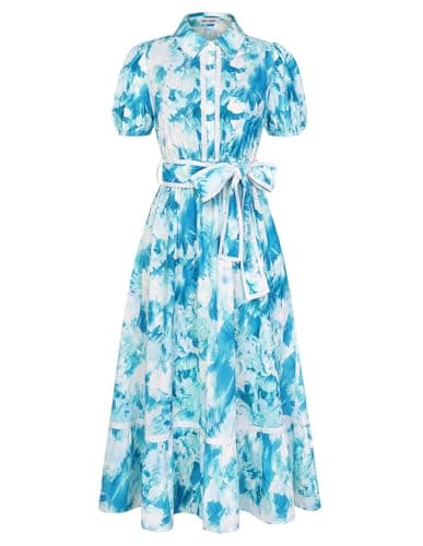 GRACE KARIN Women Summer Floral Maxi Dresses 2026 Wedding Guest Puff Sleeve Shirt Sundresses Boho Spring Clothes with Pockets Blue Floral M - Image 1