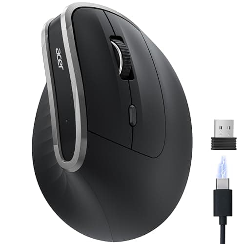 acer Ergonomic Mouse Wireless, Vertical Computer Mouse for Office, Ergo Mice Rechargeable for Medium to Large Sized Hands, 2.4GHz USB Receiver, 800/1200/1600 DPI, 6 Buttons for Laptop, PC and Desktop