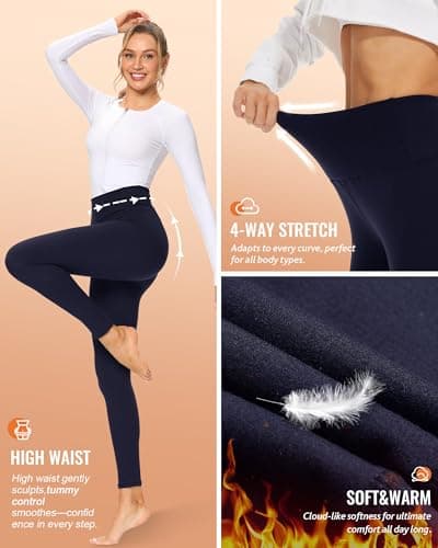 QGGQDD Fleece Lined Leggings Women - Soft Tummy Control High Waisted Winter Thermal Warm Yoga Pants for Workout Hiking Navy Blue Small-Medium - Thumbnail 4