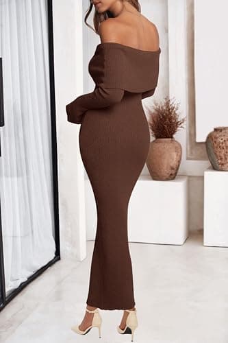 dowerme Women's Off The Shoulder Sweater Dress 2026 Formal Long Sleeve Bodycon Maxi Wedding Guest Dresses Spring Outfits(Brown,XX-Large) - Thumbnail 3