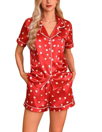 Pjmlifecoco Valentine Pajamas Women Pj Set Silk Satin Short Sleeve Loungewear 2 Piece Sleepwear Button Down Pjs for Valentine's Day - Image 1