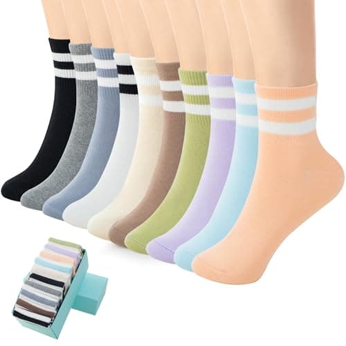 SISOSOCK Quarter Crew Cotton Socks for Women Striped Athletic Casual Breathable Socks 6-10 Pairs with Gifts Box - Image 1
