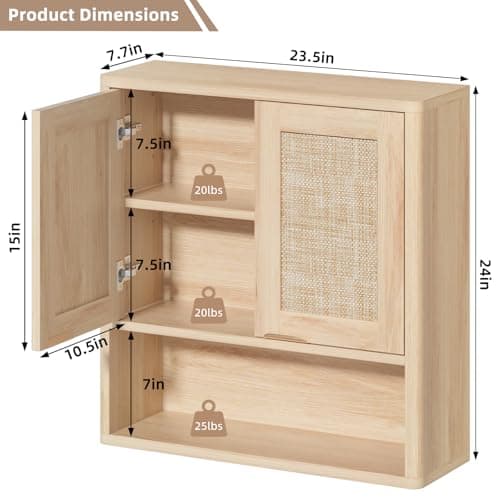 LEYAOYAO Rattan Bathroom Wall Cabinet, Boho Medicine Cabinet with Adjustable Shelf & Doors, Over The Toilet Storage Cabinets Organizer for Laundry Room, Kitchen, Living Room, Natural - Thumbnail 2