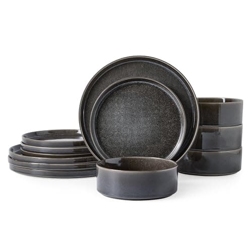 ALOFMO Stoneware Dinnerware Sets, Plates and Bowls Set for 4, 12-Piece Modern Stoneware Dinnerware – Chip Resistant, Non-Toxic, Dishwasher and Microwave Safe Tableware，Glossy Black