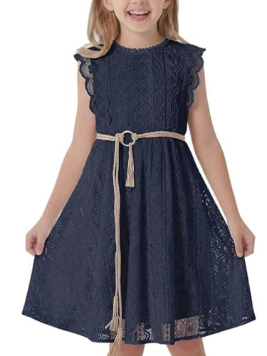 ALLOVIN Toddler and Girls Vintage Boho A-Line Lace Dress with Belt Pom Pom Trim Birthday Party Dress | Navy Blue | 4-5T - Image 1