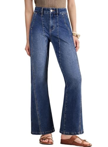 Astylish Wide Leg Jeans for Women Stretchy High Waisted Slanted Pocket Straight Bootcut Jeans Flare Denim Pants Navy Blue 6 - Image 1