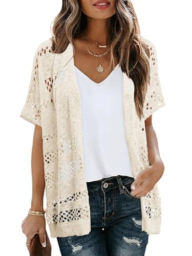 KISSMODA Womens Plastic Button Hollow Out Crochet Cardigan Light Apricot Oversized Loose Boho Summer Beach Picnic Cover-Up L - Thumbnail 4