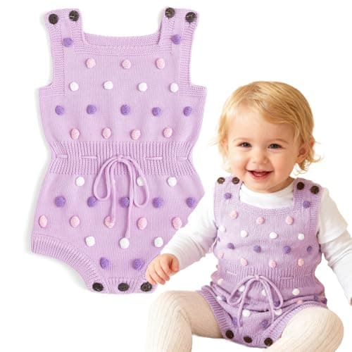 Simplee kids Baby Girl Knit Romper Newborn Sleeveless Jumpsuit with Pompoms Fall Outfit Overall 0-24M - Image 1
