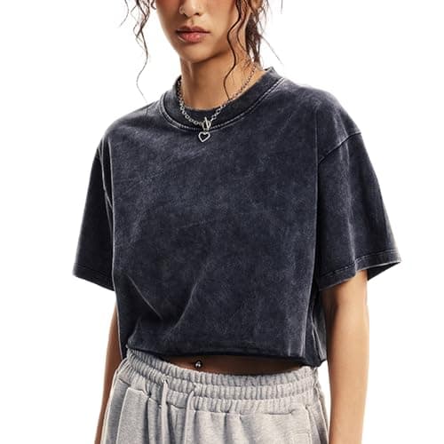 Talakeno Womens Oversized Vintage T Shirts Casual Cropped Tees Short Sleeve Cotton Acid Wash Tops Summer Grunge Shirts(Black,M) - Image 1