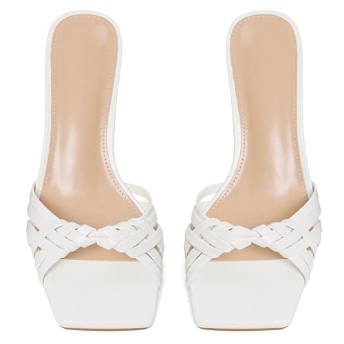 Eteridrey White Kitten Heels Square Toe Heeled Sandals for Women Comfortable Low Mule Heels Cute Summer Sandals Dressy for Party Wedding - Thumbnail 6
