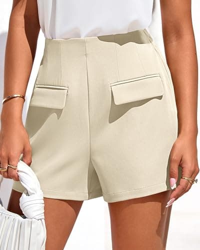 KIRUNDO Shorts for Women Dressy Casual 2026 Summer Elastic High Waisted Wide Leg Suit Tailored Business Work Shorts Pockets(Beige, X-Large) - Thumbnail 5