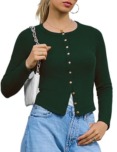 Totatuit Crewneck Cardigan Button Down Sweaters Short Cardigans Cardigan Sweaters for Women Lightweight Olive Green - Image 1
