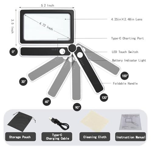 2 Pack Magnifying Glass with Light, Rechargeable Page Magnifier with 3 Light Modes Magnifying Glass for Reading Folding Handheld Lens with Clean Cloth Items for Grandma Grandpa Seniors Book Lovers - Thumbnail 2