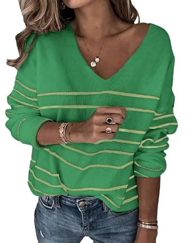 Libsorge Women's Oversized V Neck Cute Striped Sweaters Fall 2025 Dressy Casual Cozy Lightweight Ribbed Knit Long Sleeve Pullover Sweater Green XL - Image 1