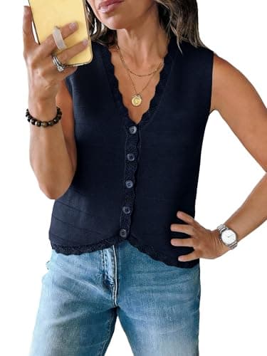 Anbech Womens Sleeveless Sweater Vest V Neck Cropped Knit Cardigans Button Down Casual Summer Tank Tops,Navy Blue,XX-Large - Image 1