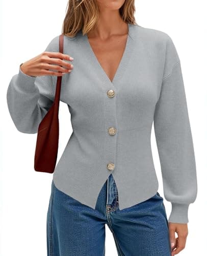 ECOWISH Cardigan Sweaters for Women 2025 Fall Long Sleeve V Neck Button Down Cropped Sweater Winter Ribbed Knit Outwear 475 Grey S - Image 1